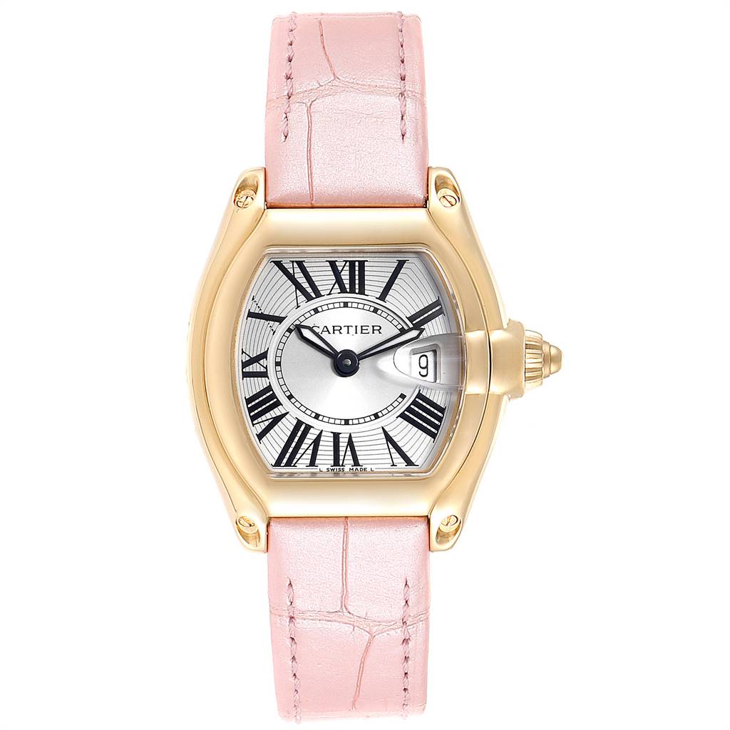 This image shows a Cartier Roadster W62018Y5 Women's Yellow Gold Silver Dial W62018Y5 Women's Yellow Gold Silver Dial watch from the front, highlighting the dial, case, bezel, and pink leather strap.