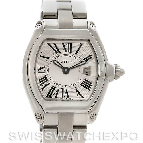 This is a front view of the Cartier Roadster W62016V3 Women's Stainless Steel Silver Dial W62016V3 Women's Stainless Steel Silver Dial watch, displaying its face, Roman numerals, and stainless steel bracelet.