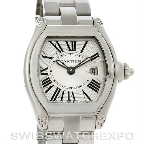 This image shows a Cartier Roadster W62016V3 Women's Stainless Steel Silver Dial W62016V3 Women's Stainless Steel Silver Dial watch's face and bracelet at a front angle.