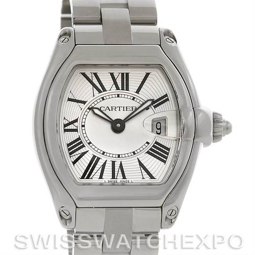 This image shows a front view of the Cartier Roadster W62016V3 Women's Stainless Steel Silver Dial W62016V3 Women's Stainless Steel Silver Dial watch face and part of its metal bracelet.