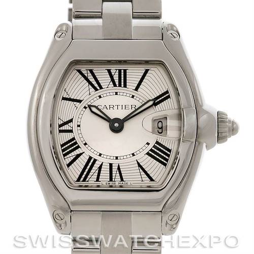 This image shows a front view of the Cartier Roadster W62016V3 Women's Stainless Steel Silver Dial W62016V3 Women's Stainless Steel Silver Dial watch, highlighting the dial, case, and part of the bracelet.