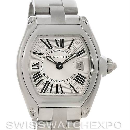 The Cartier Roadster W62016V3 Women's Stainless Steel Silver Dial W62016V3 Women's Stainless Steel Silver Dial watch is shown from the front, displaying its face, bracelet, and crown.