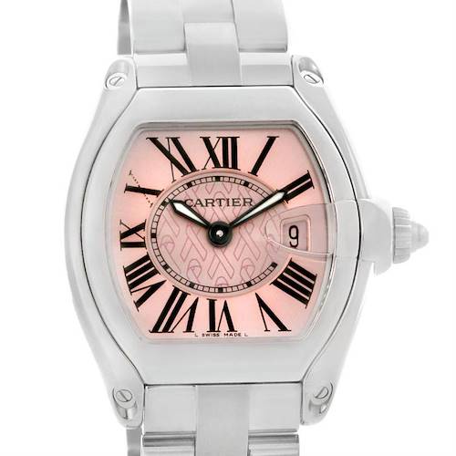 This image shows a close-up, front-facing view of a Cartier Roadster W62043V3 Women's Stainless Steel Pink Dial W62043V3 Women's Stainless Steel Pink Dial watch, highlighting its dial, case, and part of the bracelet.