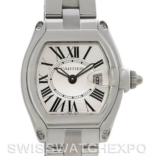 This image shows a close-up of the Cartier Roadster W62016V3 Women's Stainless Steel Silver Dial W62016V3 Women's Stainless Steel Silver Dial watch face and bracelet, highlighting the Roman numerals and date window.