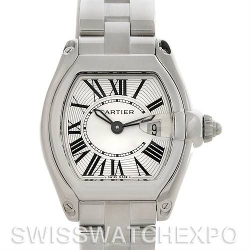 The Cartier Roadster W62016V3 Women's Stainless Steel Silver Dial W62016V3 Women's Stainless Steel Silver Dial watch is shown from a front angle, displaying its dial, hands, and bracelet.