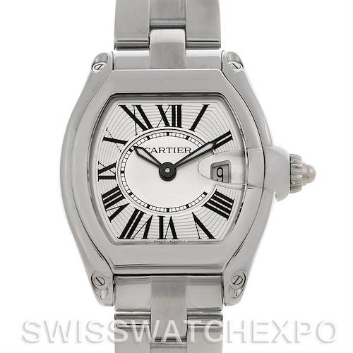 This image shows a front view of a Cartier Roadster W62016V3 Women's Stainless Steel Silver Dial W62016V3 Women's Stainless Steel Silver Dial watch, displaying its face, bezel, and bracelet.