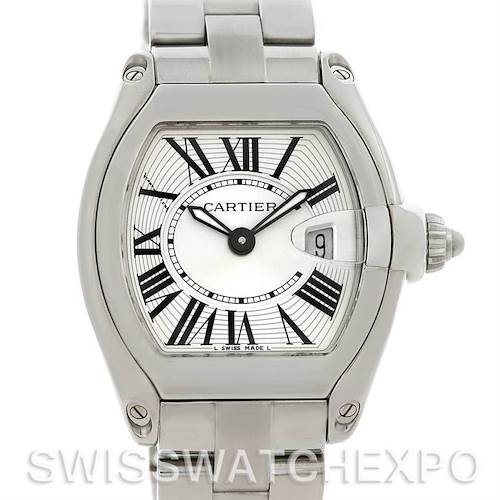 This image shows the front view of the Cartier Roadster W62016V3 Women's Stainless Steel Silver Dial W62016V3 Women's Stainless Steel Silver Dial watch, featuring its face, bezel, and part of the bracelet.