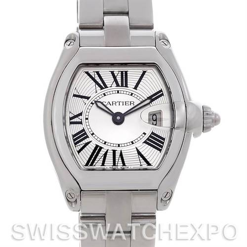 This is a front view of the Cartier Roadster W62016V3 Women's Stainless Steel Silver Dial W62016V3 Women's Stainless Steel Silver Dial watch showing the dial, hands, case, crown, and part of the bracelet.
