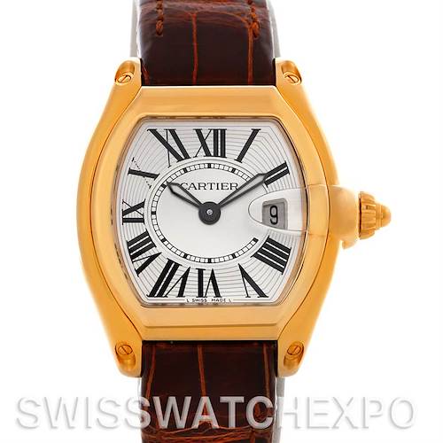 This image shows a front view of the Cartier Roadster W62018Y5 Women's Yellow Gold Silver Dial W62018Y5 Women's Yellow Gold Silver Dial watch, highlighting its dial, case, crown, and strap.
