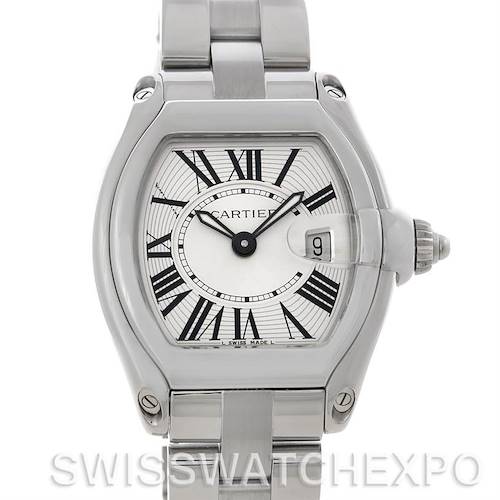 This is a front view of the Cartier Roadster W62016V3 Women's Stainless Steel Silver Dial W62016V3 Women's Stainless Steel Silver Dial watch, showing the dial, bracelet, and crown.