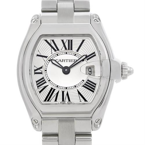 The image shows a front view of a Cartier Roadster W62016V3 Women's Stainless Steel Silver Dial W62016V3 Women's Stainless Steel Silver Dial watch, including the face, bezel, crown, and part of the bracelet.