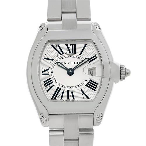 The Cartier Roadster W62016V3 Women's Stainless Steel Silver Dial W62016V3 Women's Stainless Steel Silver Dial watch is shown from a front angle, highlighting its face, bezel, and part of the bracelet.