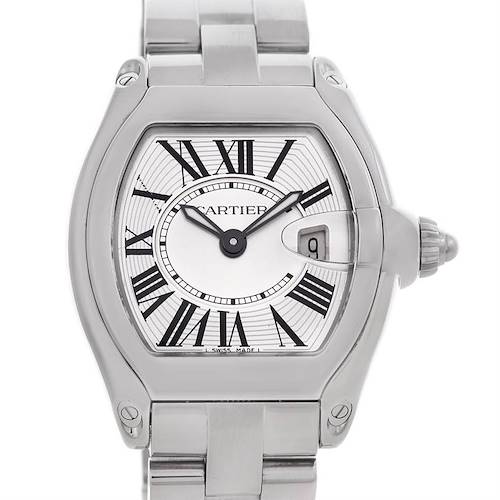 The image shows a Cartier Roadster W62016V3 Women's Stainless Steel Silver Dial W62016V3 Women's Stainless Steel Silver Dial watch from the front, featuring its face, bezel, and part of the steel bracelet.