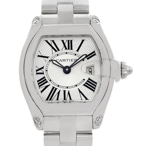 The image shows a front view of the Cartier Roadster W62016V3 Women's Stainless Steel Silver Dial W62016V3 Women's Stainless Steel Silver Dial model watch, highlighting the face, hands, date window, and part of the bracelet.