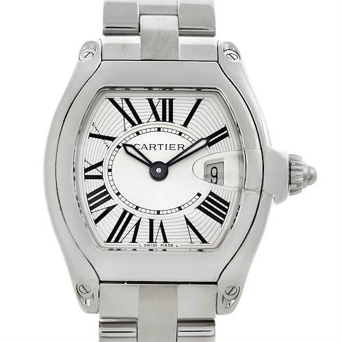 This is a front view of a Cartier Roadster W62016V3 Women's Stainless Steel Silver Dial W62016V3 Women's Stainless Steel Silver Dial watch, showing the face, bezel, bracelet, and crown.