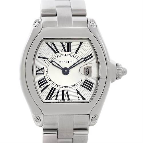 This image shows a front view of the Cartier Roadster W62016V3 Women's Stainless Steel Silver Dial W62016V3 Women's Stainless Steel Silver Dial watch, highlighting its dial, Roman numerals, date window, and bracelet.