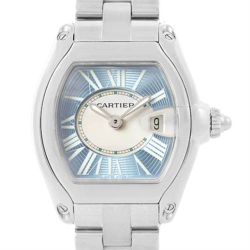This is a front view of the Cartier Roadster W62053V3 Women's Stainless Steel Blue Dial W62053V3 Women's Stainless Steel Blue Dial watch, showing the face, roman numeral markers, date display, and stainless steel band.