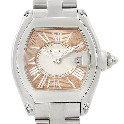 This image shows the front view of a Cartier Roadster W62054V3 Women's Stainless Steel Pink Dial W62054V3 Women's Stainless Steel Pink Dial watch, displaying the dial, hands, date window, and part of the bracelet.