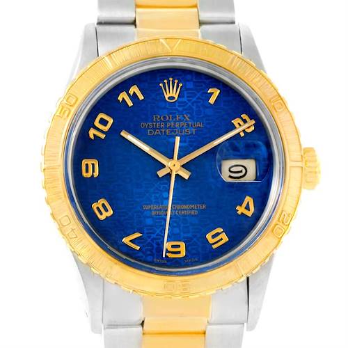 The image shows a Rolex Turn-o-Graph 16253 Men's Steel and Gold (two tone) Blue Dial 16253 Men's Steel and Gold (two tone) Blue Dial watch from a front angle, displaying the dial, bezel, crown, and part of the bracelet.