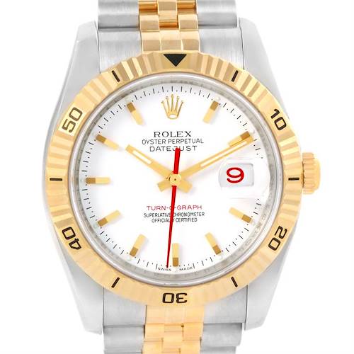 The image shows a front view of a Rolex Turn-o-Graph 116263 Men's Stainless Steel White Dial 116263 Men's Stainless Steel White Dial watch, showcasing its dial, bezel, and part of the bracelet.