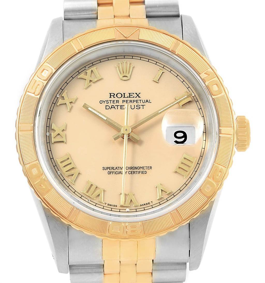 This image shows a Rolex Turn-o-Graph 16263 Men's Steel and Gold (two tone) Beige Dial 16263 Men's Steel and Gold (two tone) Beige Dial watch from a front angle, highlighting the dial, bezel, hands, and part of the bracelet.
