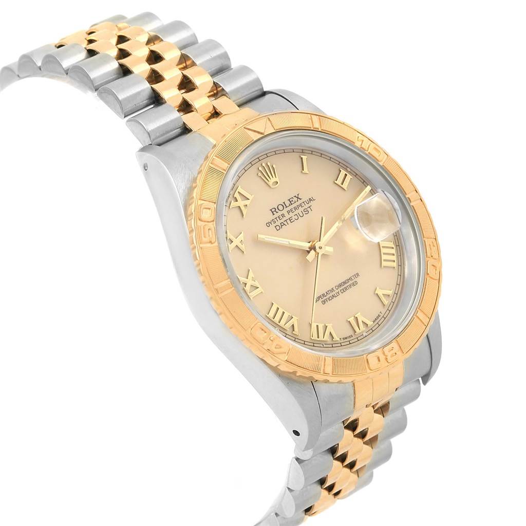 The image shows a Rolex Turn-o-Graph 16263 Men's Steel and Gold (two tone) Beige Dial 16263 Men's Steel and Gold (two tone) Beige Dial watch angled from the right, highlighting its dial, bezel, and two-tone bracelet.
