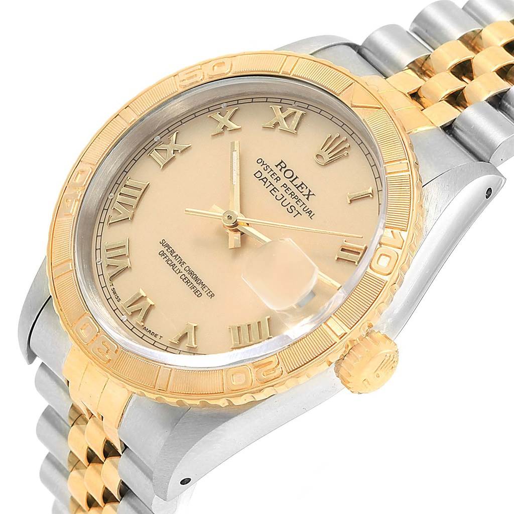 The image shows a Rolex Turn-o-Graph 16263 Men's Steel and Gold (two tone) Beige Dial 16263 Men's Steel and Gold (two tone) Beige Dial watch, highlighting its gold bezel, Roman numeral dial, date window, and two-tone bracelet.