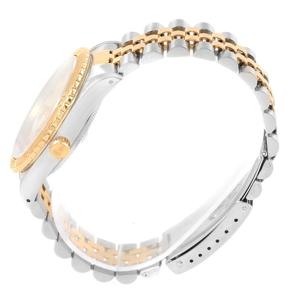 The image shows the side view of a Rolex Turn-o-Graph 16263 Men's Steel and Gold (two tone) Beige Dial 16263 Men's Steel and Gold (two tone) Beige Dial, highlighting the case, crown, bezel, and two-tone bracelet.