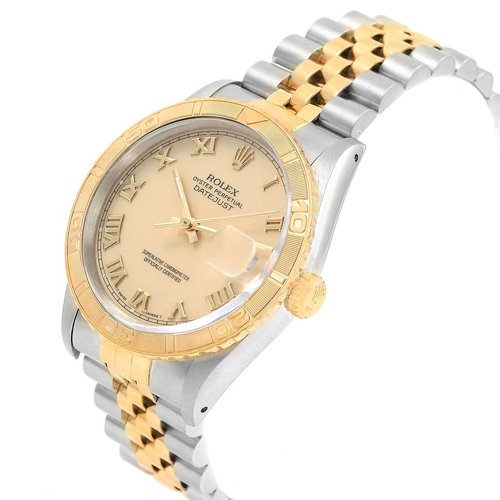 The image shows a Rolex Turn-o-Graph 16263 Men's Steel and Gold (two tone) Beige Dial 16263 Men's Steel and Gold (two tone) Beige Dial watch at an angle highlighting the dial, bezel, crown, and two-tone jubilee bracelet.