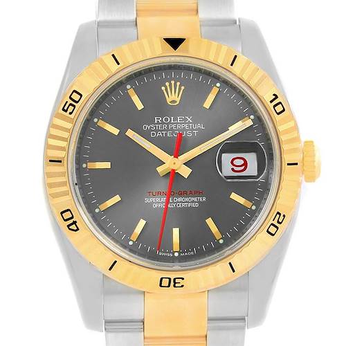 This image shows a front view of the Rolex Turn-o-Graph 116263 Men's Steel and Gold (two tone) Grey Dial 116263 Men's Steel and Gold (two tone) Grey Dial watch, detailing its bezel, dial, and date window.