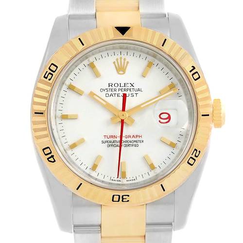 This image shows a front view of the Rolex Turn-o-Graph 116263 Men's Stainless Steel White Dial 116263 Men's Stainless Steel White Dial watch, displaying its dial, hands, bezel, and part of its bracelet.