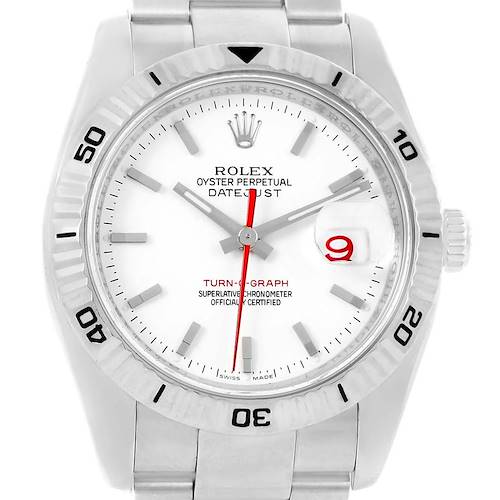 The image shows a frontal view of a Rolex Turn-o-Graph 116264 Men's Stainless Steel White Dial 116264 Men's Stainless Steel White Dial watch, highlighting the dial, hands, bezel, and part of the bracelet.