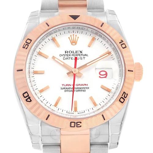 The Rolex Turn-o-Graph 116261 Men's Stainless Steel White Dial 116261 Men's Stainless Steel White Dial watch is shown from a straight-on angle, displaying its face, bezel, crown, and parts of its bracelet.