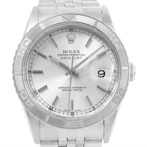 This is a head-on view of the Rolex Turn-o-Graph 16264 Men's Stainless Steel Silver Dial 16264 Men's Stainless Steel Silver Dial Datejust watch, showing the face, bezel, crown, and part of the bracelet.
