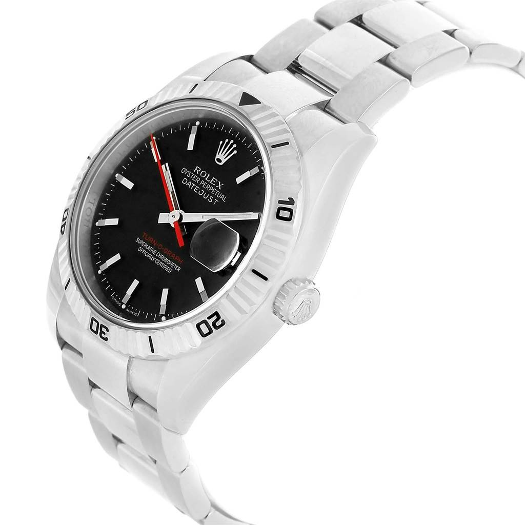 The image shows an angled view of the Rolex Turn-o-Graph 116264 Men's Stainless Steel Black Dial 116264 Men's Stainless Steel Black Dial watch, highlighting the bezel, dial, hands, crown, and bracelet.