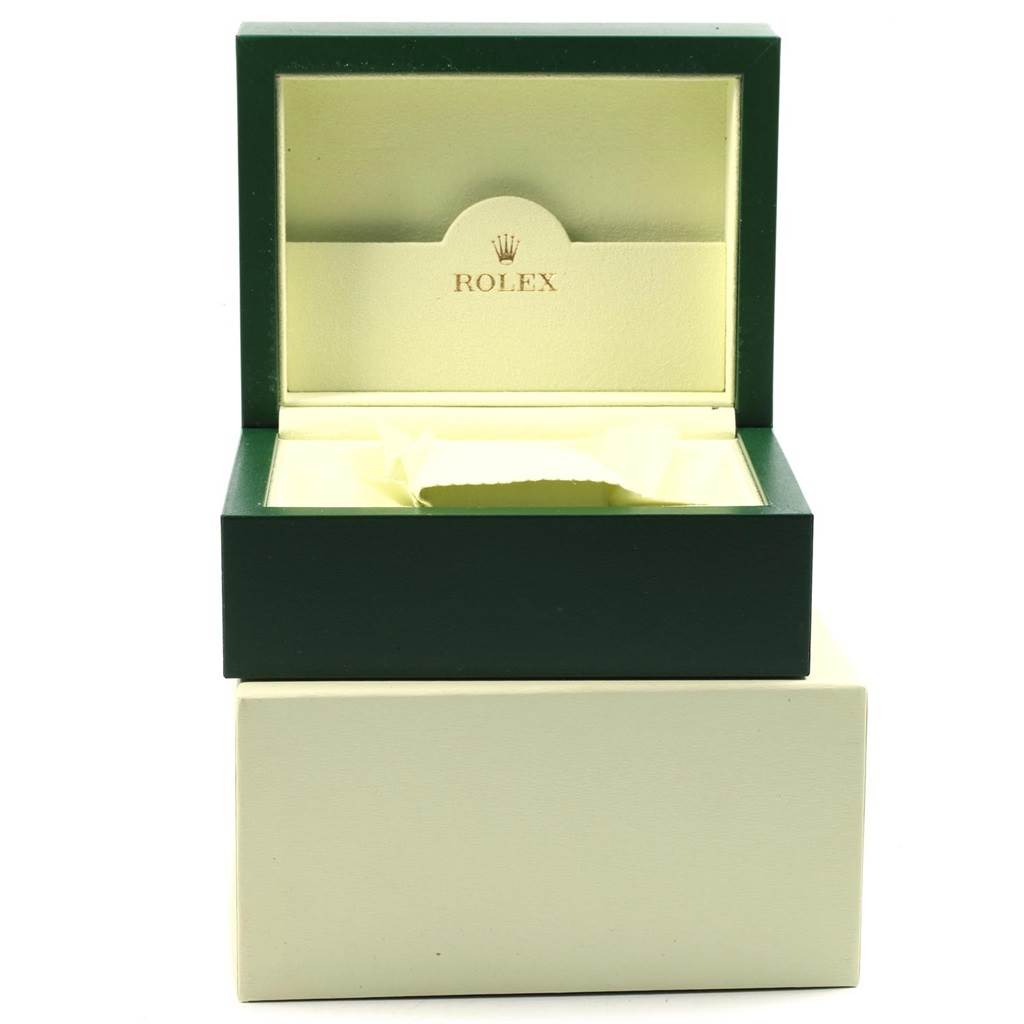 The image shows an open Rolex Turn-o-Graph 116264 Men's Stainless Steel Black Dial 116264 Men's Stainless Steel Black Dial watch box positioned at eye level, displaying both the inside and outside.