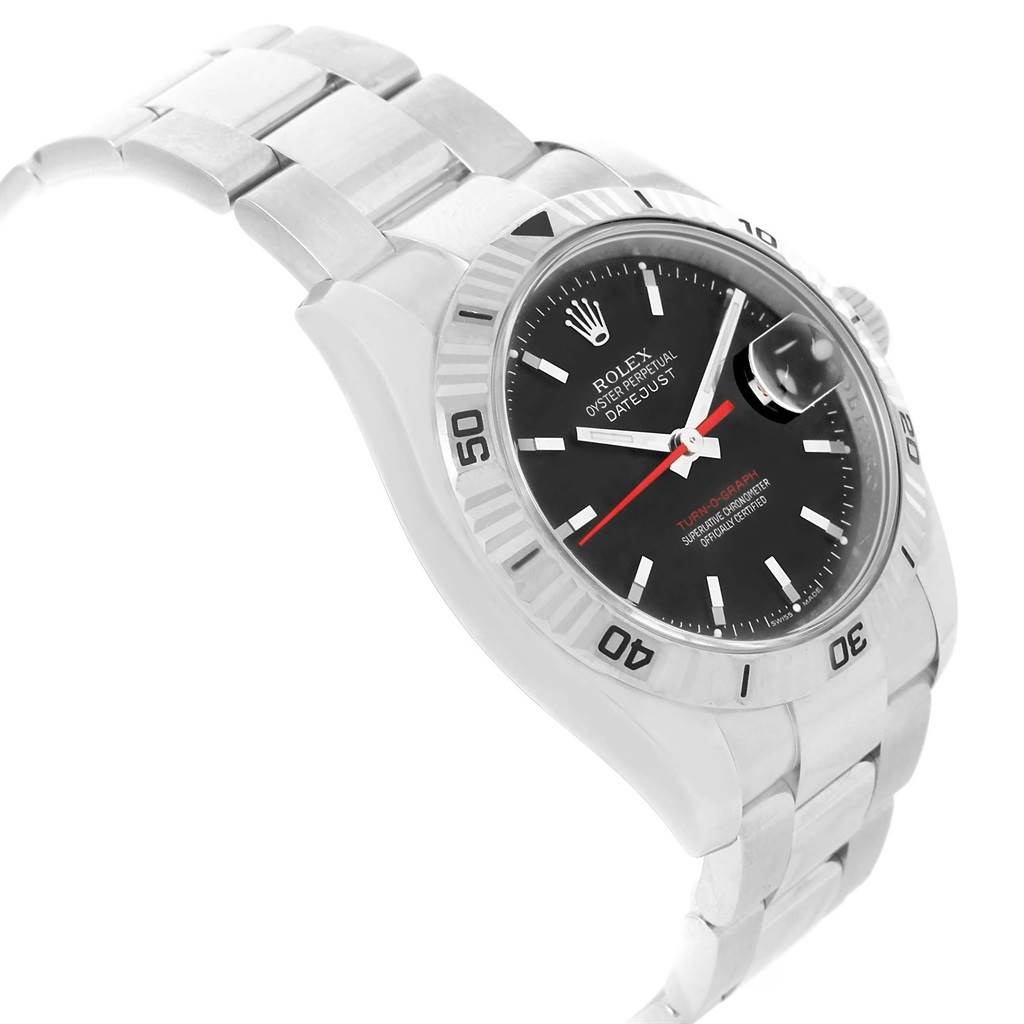 This image shows a side-angle view of the Rolex Turn-o-Graph 116264 Men's Stainless Steel Black Dial 116264 Men's Stainless Steel Black Dial watch, highlighting the watch face, bezel, and part of the bracelet.
