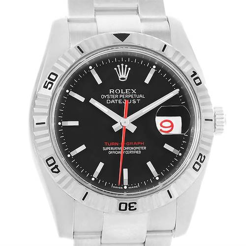This image shows a front view of the Rolex Turn-o-Graph 116264 Men's Stainless Steel Black Dial 116264 Men's Stainless Steel Black Dial watch, featuring its dial, bezel, and part of the stainless steel bracelet.