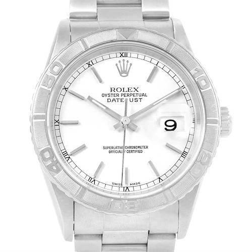 This image shows the face and bezel of a Rolex Turn-o-Graph 16264 Men's Stainless Steel White Dial 16264 Men's Stainless Steel White Dial watch model, with the focus on the dial and hands.