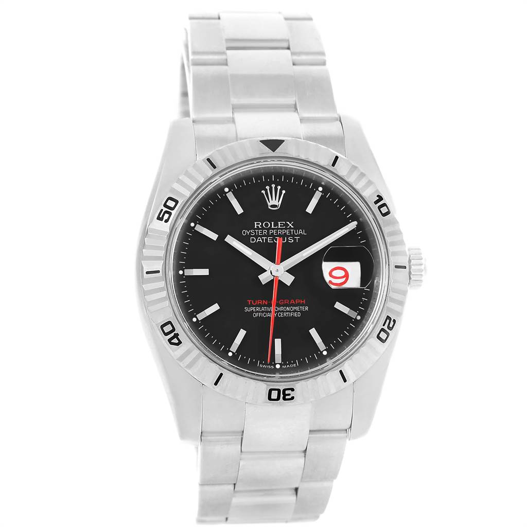 The image displays a head-on view of a Rolex Turn-o-Graph 116264 Men's Stainless Steel Black Dial 116264 Men's Stainless Steel Black Dial watch, showing its face, bezel, crown, and part of the bracelet.