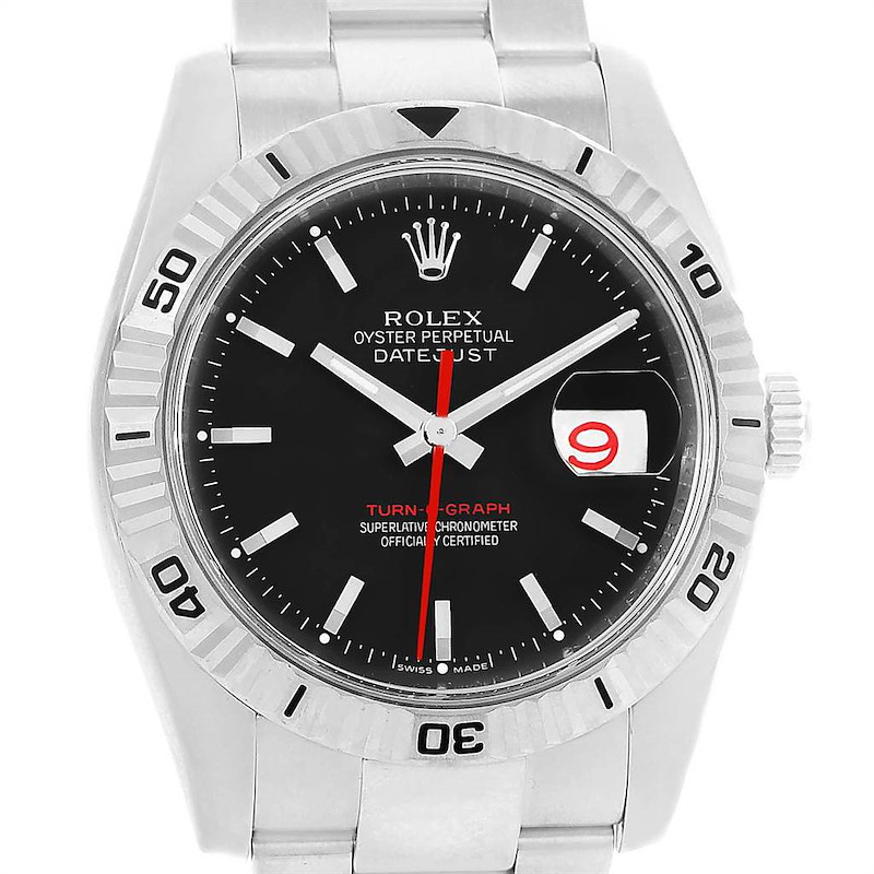 The Rolex Turn-o-Graph 116264 Men's Stainless Steel Black Dial 116264 Men's Stainless Steel Black Dial watch is shown from a front angle, detailing the dial, bezel, and part of the bracelet.