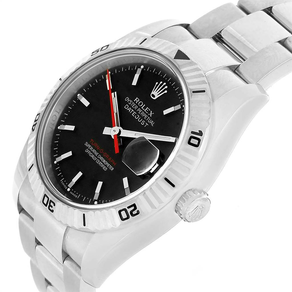 The image shows a close-up, angled view of the Rolex Turn-o-Graph 116264 Men's Stainless Steel Black Dial 116264 Men's Stainless Steel Black Dial watch, highlighting its dial, bezel, and bracelet.