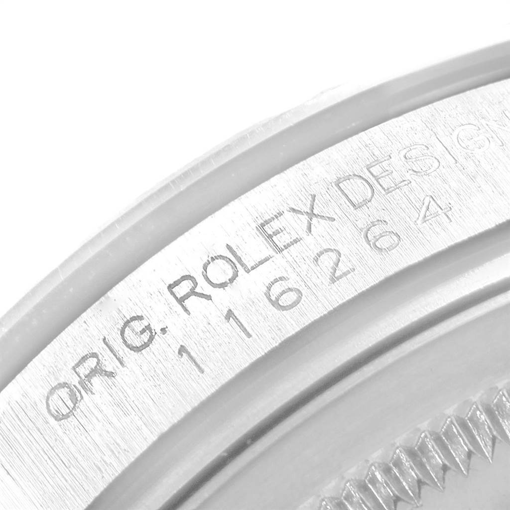 This close-up image shows the bezel and inner engraving of the Rolex Turn-o-Graph 116264 Men's Stainless Steel Black Dial 116264 Men's Stainless Steel Black Dial model.
