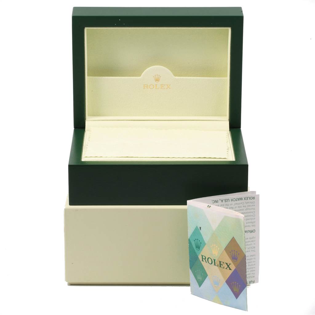 The image shows a green Rolex Turn-o-Graph 116264 Men's Stainless Steel Blue Dial 116264 Men's Stainless Steel Blue Dial watch box with an open lid and an accompanying instruction booklet.