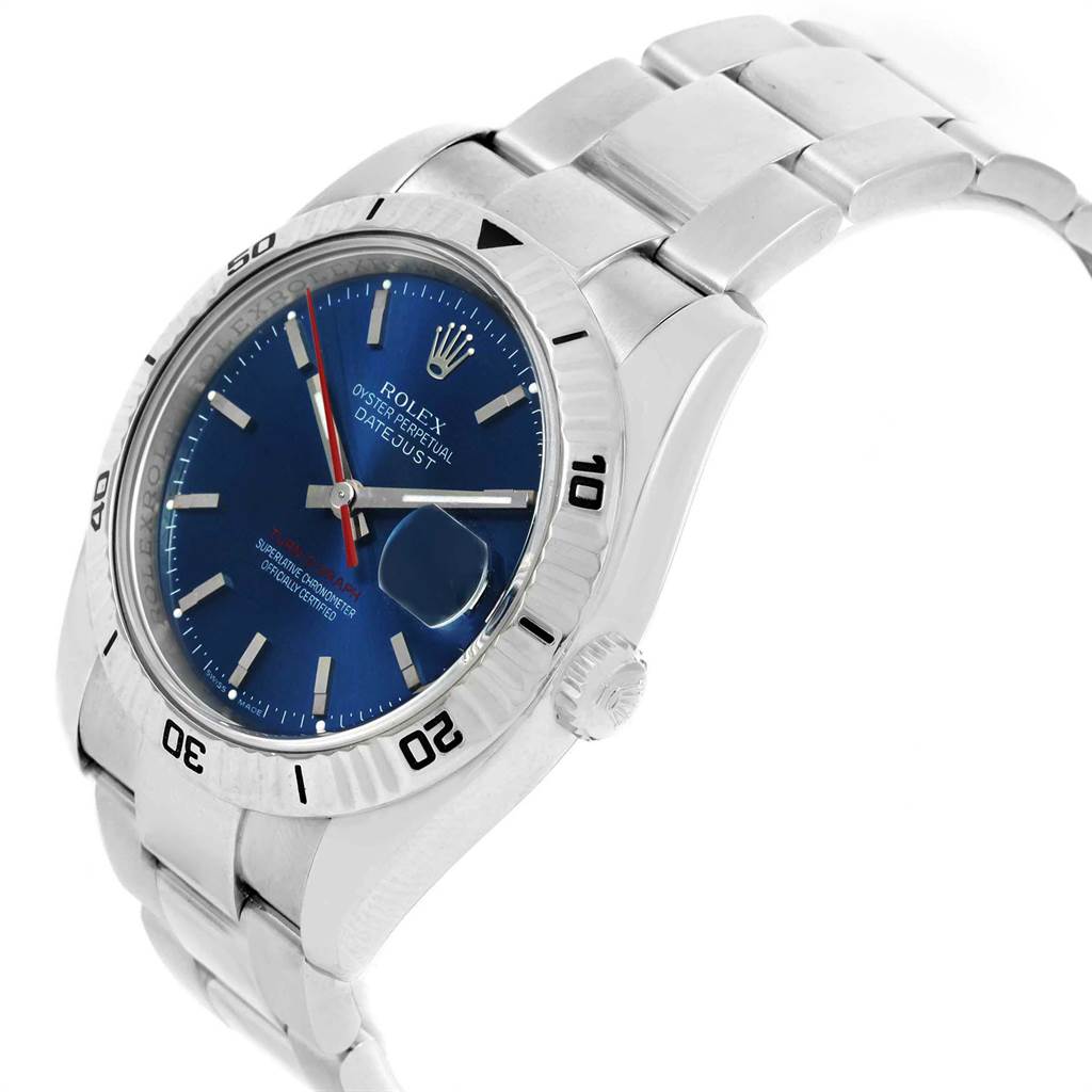 The image shows a side-angle view of the Rolex Turn-o-Graph 116264 Men's Stainless Steel Blue Dial 116264 Men's Stainless Steel Blue Dial watch, highlighting its bezel, dial, crown, and bracelet.