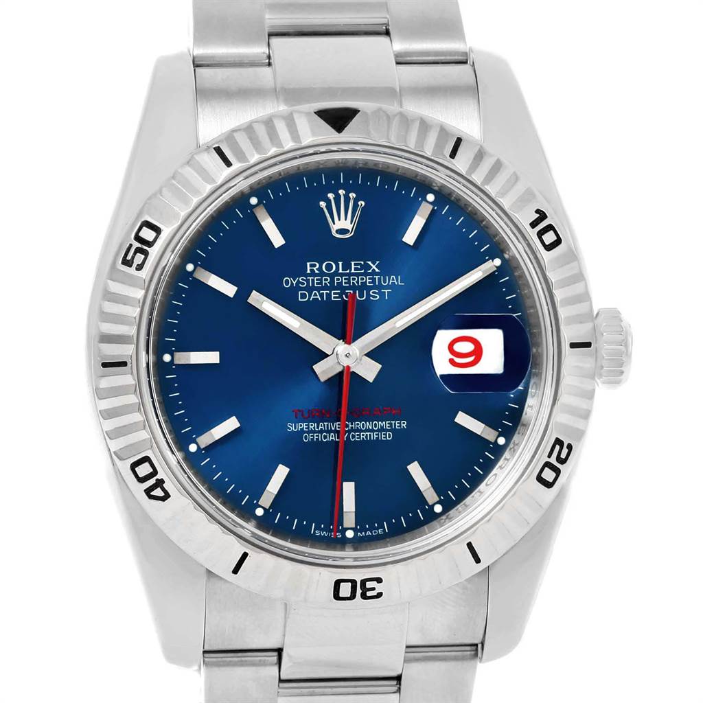The Rolex Turn-o-Graph 116264 Men's Stainless Steel Blue Dial 116264 Men's Stainless Steel Blue Dial watch is shown from a front angle, displaying its blue dial, date feature, and bezel markings.