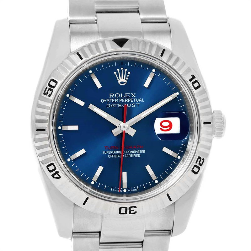 The Rolex Turn-o-Graph 116264 Men's Stainless Steel Blue Dial 116264 Men's Stainless Steel Blue Dial watch is shown from a front angle, displaying its blue dial, date feature, and bezel markings.