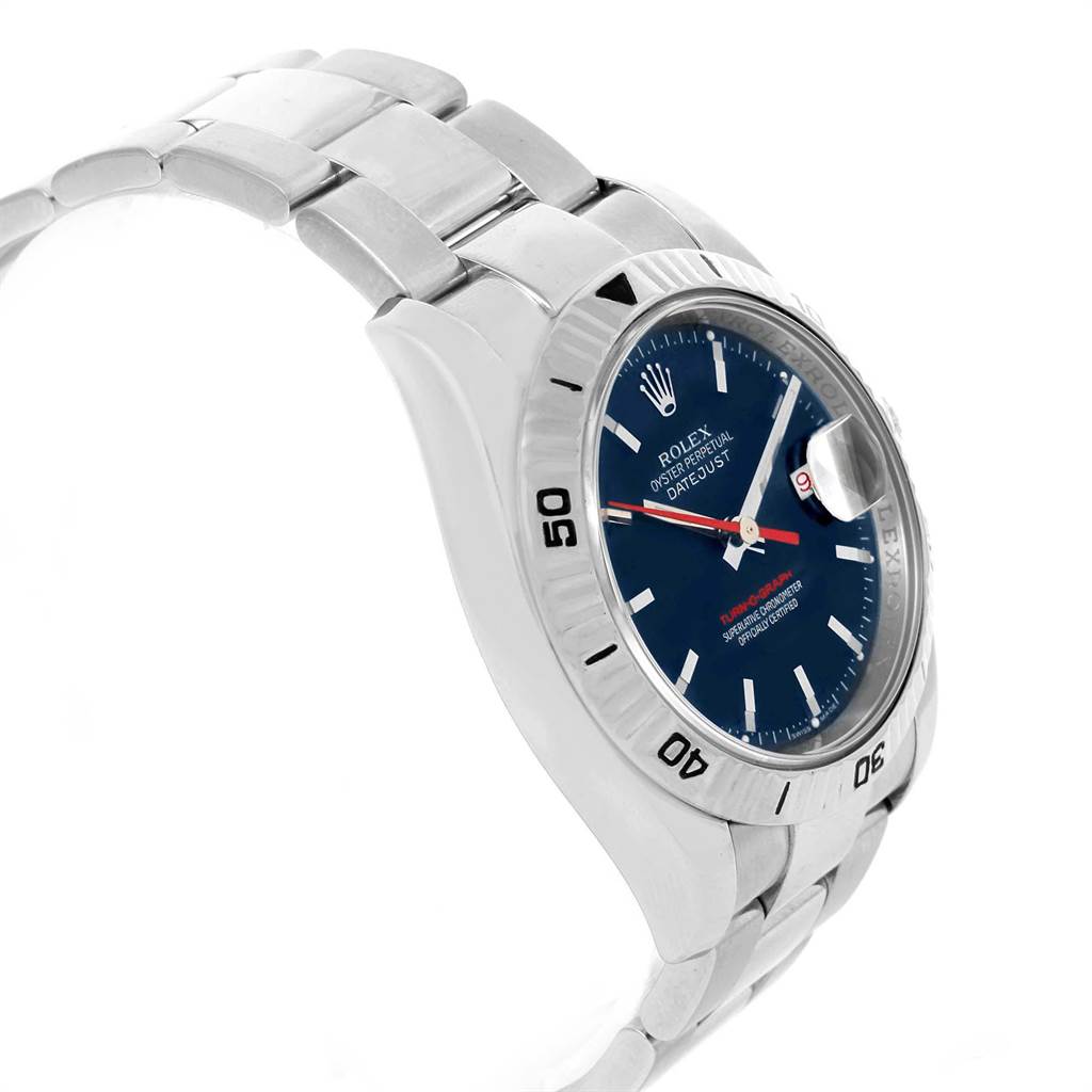 The image shows a side angle of the Rolex Turn-o-Graph 116264 Men's Stainless Steel Blue Dial 116264 Men's Stainless Steel Blue Dial watch highlighting its bracelet and round bezel with a blue dial.