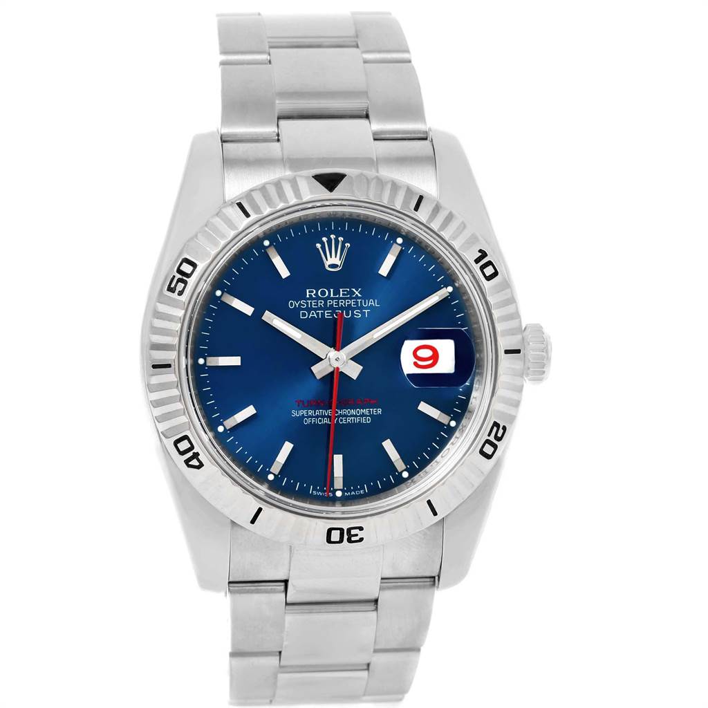 The image shows a front view of a Rolex Turn-o-Graph 116264 Men's Stainless Steel Blue Dial 116264 Men's Stainless Steel Blue Dial watch, highlighting its dial, bezel, bracelet, and date function.