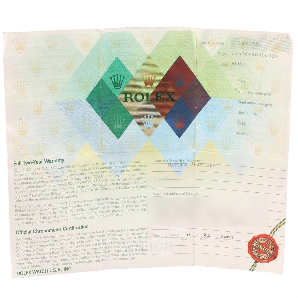 This image shows a warranty and certification document for the Rolex Turn-o-Graph 116264 Men's Stainless Steel Blue Dial 116264 Men's Stainless Steel Blue Dial model.